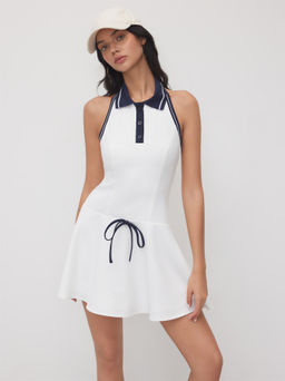 Cider - Polo Neck Bowknot Contrasting Binding Ruffle Mini Dress