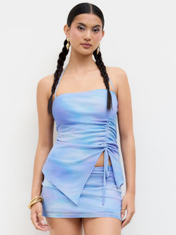 Cider - Mesh Halter Neckline Illusion Drawstring Cami Top & Low Rise Mini Skirt