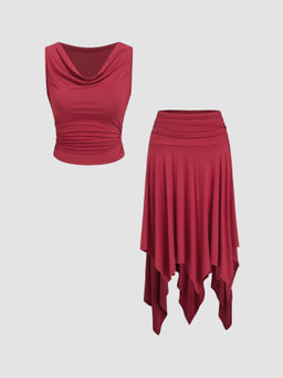 Cider - Cowl Neck Ruched Tank Top & Mid Rise Asymmetrical Ruffle Hem Skirt
