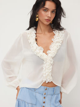Cider - Chiffon V-neck Lettuce Trim Ruffle Lantern Sleeve Blouse