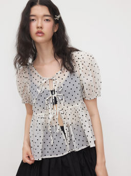 Cider - Round Neckline Polka Dot Tie Front Blouse