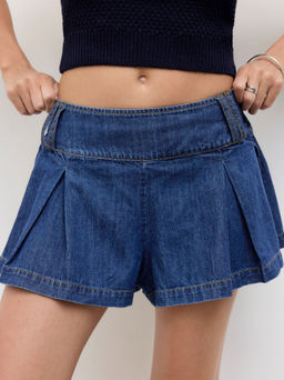 Cider - Denim Low Rise Elastic Waist Pleated Mini Skort