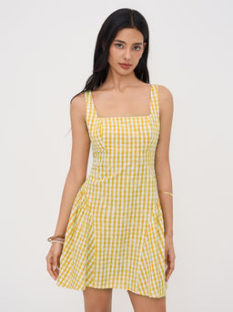 Cider - Cotton-blend Square Neck Gingham Bowknot Ruffle Mini Dress