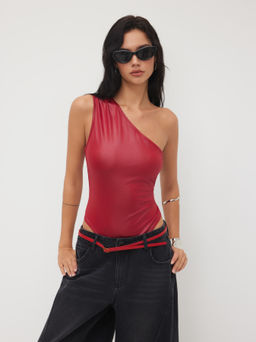 Cider - Asymmetrical Neck Ruched Bodysuit