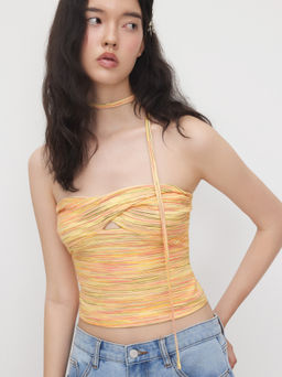 Cider - Cotton- blend Stripe Twist Cut Out Bandeau Crop Top With Scarf
