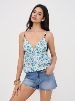 Cider - V-neck Floral Beaded Ruffle Hem Cami Top