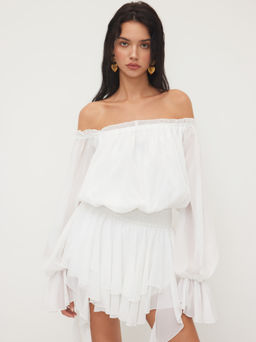 Cider - Off-shoulder Lantern Sleeve Asymmetrical Ruffle Hem Mini Dress