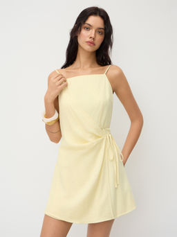 Cider - Linen-blend Square Neck Knotted Wrap Mini Dress