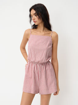 Cider - Cotton Square Neck Stripe Elastic Waist Romper