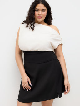 Cider - Linen-blend Asymmetrical Neck Ruched Two Tone Blouse Curve & Plus