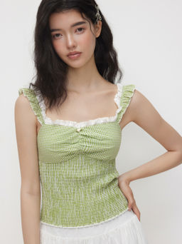 Cider - Cotton-blend Gingham Sweetheart Neckline Shirred Broderie Anglaise Trim Crop Top