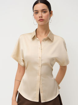 Cider - Satin Polo Button Up Cinched Waist Shirt