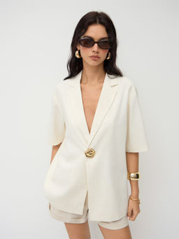 Cider - Linen-blend Collar Metal Button Oversized Blazer