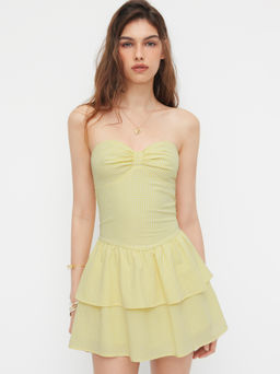 Cider - Bowknot Check Shirred Ruffle Layered Bandeau Mini Dress