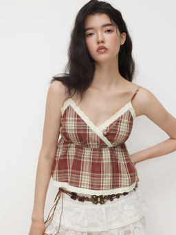 Cider - 100% Cotton Plaid Broderie Anglaise Trim Cami Top