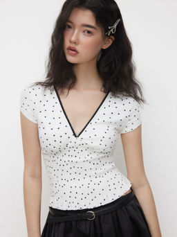 Cider - Cotton-blend V-neck Polka Dot Lace Trim Shirred Top