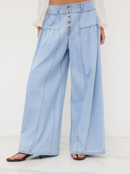 Cider - Denim Mid Rise Button Wide Leg Jeans