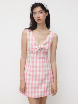 Cider - V-neck Check Knotted Mini Dress