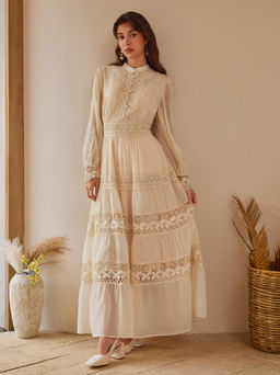 Cider - Stand Collar Embroidery Hollow Out Tie Back Knotted Lantern Sleeve Dress