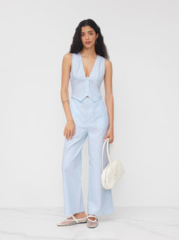 Cider - Cotton-blend V-neck Stripe Wide Leg Jumpsuit