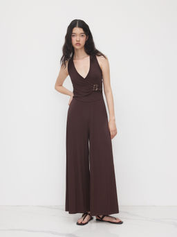 Cider - Halter Neckline Belted Ruched Jumpsuit