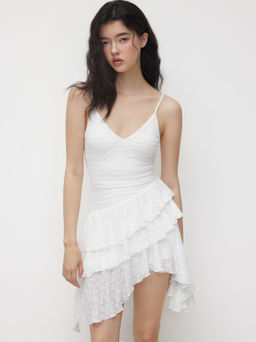 Cider - V-neck Texture Floral Asymmetrical Layered Ruffle Hem Mini Dress