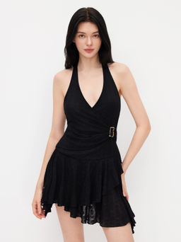 Cider - Lace Halter Neck Knotted Metal Detail Asymmetrical Hem Mini Dress