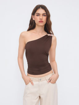 Cider - Asymmetrical Neck Beaded Pierced Ruched Tank Top