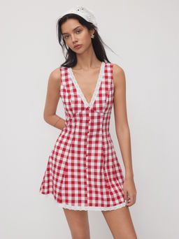 Cider - Cotton Gingham V-neck Broderie Anglaise Trim Mini Dress