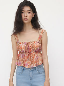 Cider - Square Neck Floral Tie Front Ruffle Ruched Cami Top