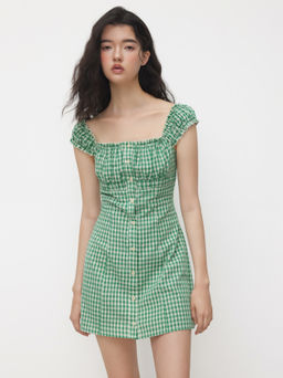 Cider - Cotton-blend Square Neck Gingham Ruched Shirred Mini Dress