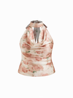 Cider - Cowl Neck Satin Illusion Floral Shirred Tank Top Curve & Plus