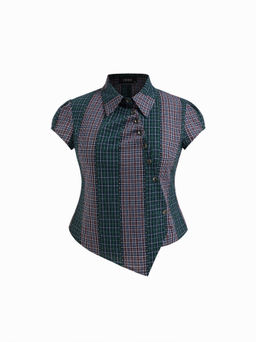 Cider - 100% Cotton Asymmetrical Button Two Tone Patched Shirt Curve & Plus