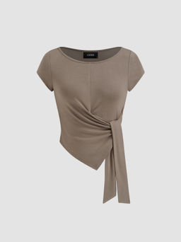 Cider - Round Neckline Short Sleeve Tie Side Asymmetrical Hem Tee
