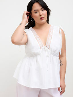 Cider - 100% Cotton V-neck Lace Trim Ruffle Hem Knotted Tank Top Curve & Plus