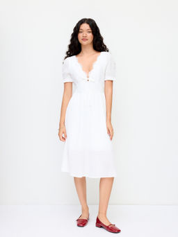 Cider - Cotton V-neck Lace Floral Ruffle Cut Out Back Knotted Dress