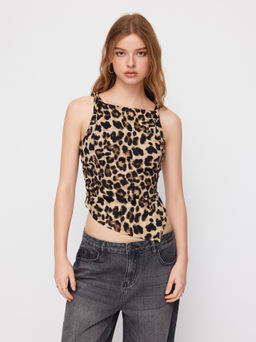 Cider - Leopard Boat Neck Ruched Asymmetrical Hem Tank Top