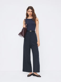 Cider - Boat Neck Stripe Patched Pocket Jumpsuit With Belt
