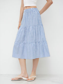 Cider - Cotton-blend Mid Rise Elastic Waist Stripe Ruffle Tiered Skirt