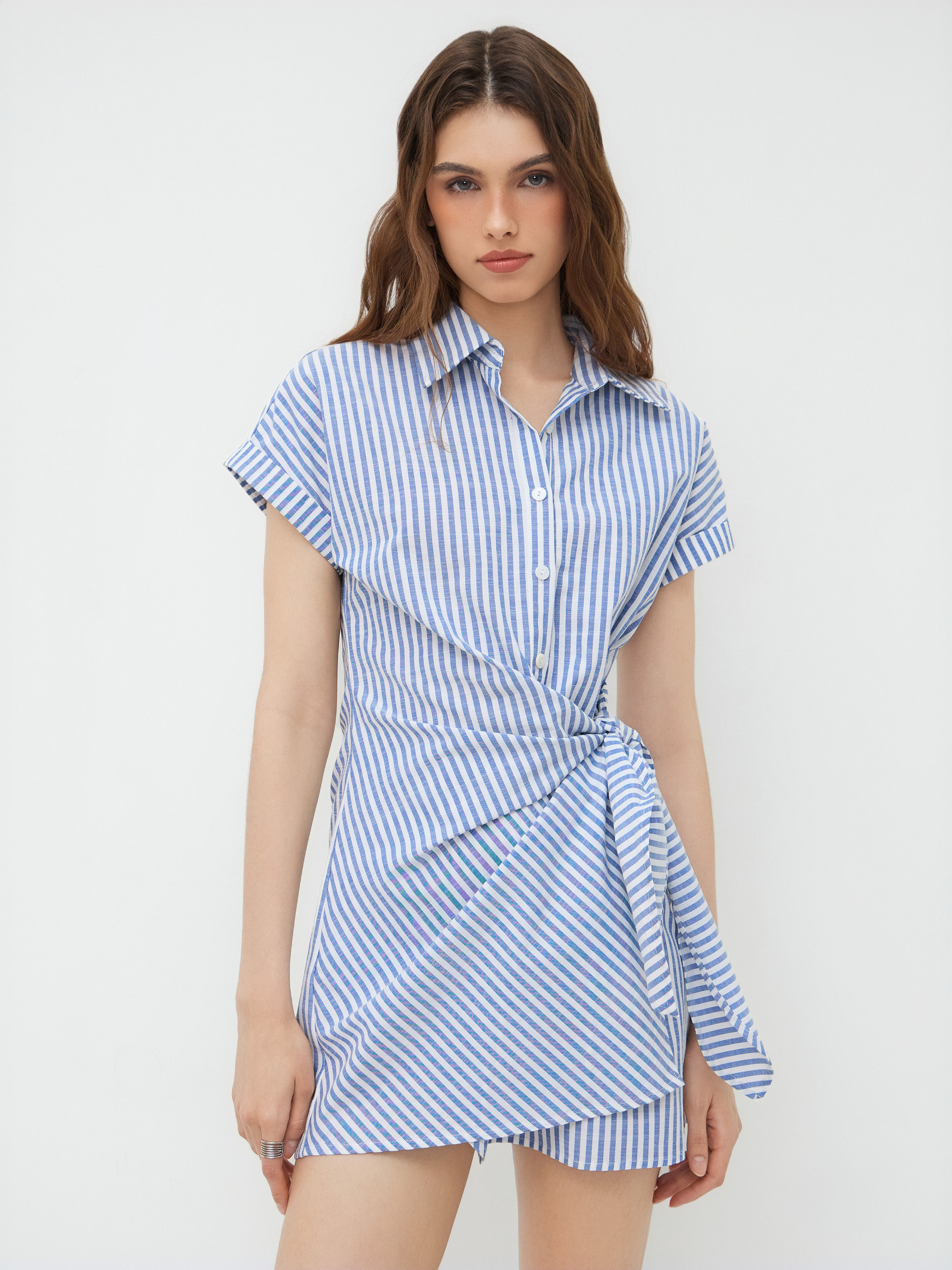 cider Cotton-blend Polo Collar Striped Draped Mini Dress-picture-13