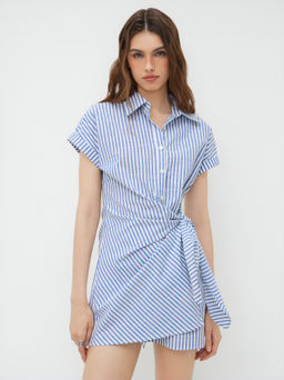 Cider - Cotton-blend Polo Collar Striped Draped Mini Dress