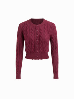 Cider - Cable Knit Round Neckline Button Up Cinched Waist Cardigan