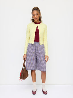 Cider - Cable Knit Round Neckline Button Up Cinched Waist Cardigan