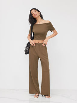 Cider - Cotton-blend Boat Neck Crop Tee & Mid Rise Wide Leg Trousers