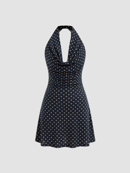Cider - Halter Cowl Neck Polka Dot Lace Mini Dress