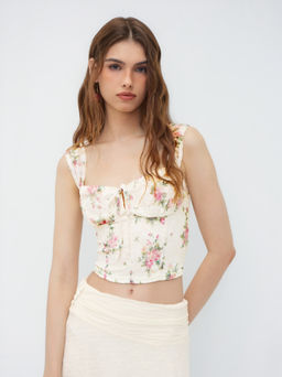 Cider - Lace Square Neck Floral Corset Crop Cami Top