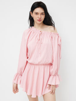 Cider - Asymmetrical Neck Lettuce Trim Drawstring Knotted Mini Dress