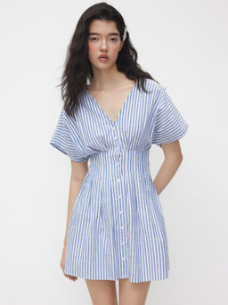 Cider - Cotton-blend V-neck Stripe Pleated Cinched Waist Mini Dress