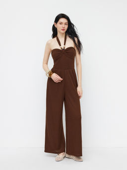 Cider - Halter Neckline Knotted Beaded Ruched Jumpsuit