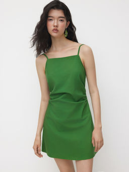 Cider - Linen-blend Square Neck Backless Beaded Ruched Mini Dress